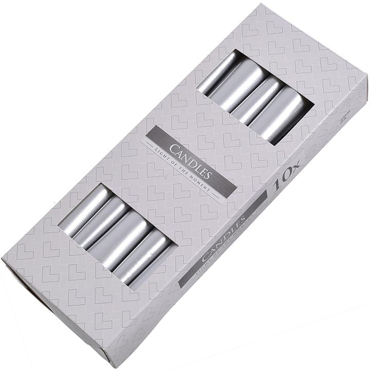 ŚWIECE STOŻEK METALIK 10 SZTUK 24,5 CM SREBRNE