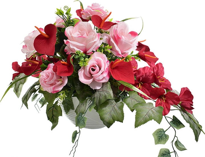 KOMPOZYCJA KWIATOWA RÓŻA MIECZYK ANTURIUM GAŁĄZKI LIŚCIE WIĄZANKA NAGROBNA STROIK SZTUCZNE KWIATY