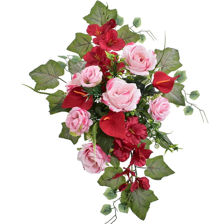 KOMPOZYCJA KWIATOWA RÓŻA MIECZYK ANTURIUM LIŚCIE WKŁAD DO WAZONU STROIK NAGROBNY SZTUCZNE KWIATY