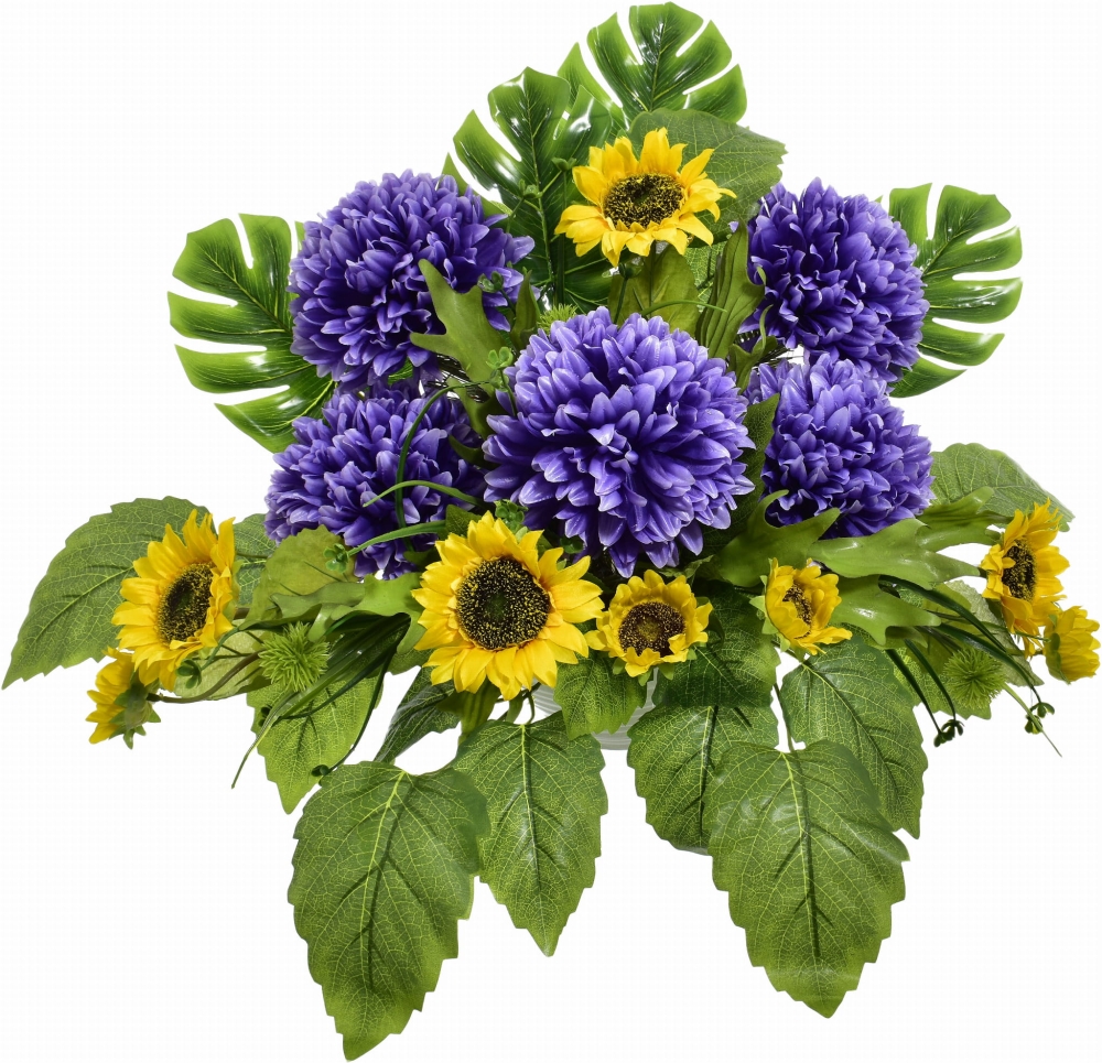 KOMPOZYCJA KWIATOWA CHRYZANTEMA SŁONECZNIK LIŚCIE STROIK NAGROBNY SZTUCZNE KWIATY