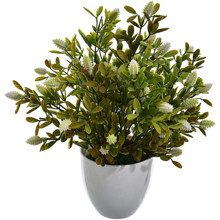 KOMPOZYCJA W DONICZCE Z BIAŁYMI PĄKAMI 30 CM SZTUCZNE KWIATY GAŁĄZKI LIŚCIE