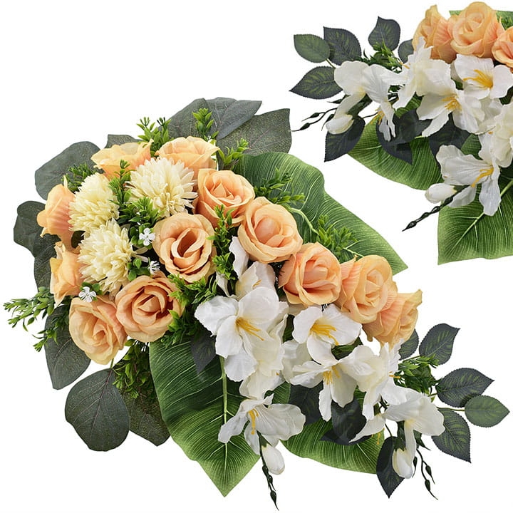 KOMPOZYCJA KWIATOWA RÓŻA CHRYZANTEMA STORCZYK ORCHIDEA SZTUCZNE KWIATY LIŚCIE GAŁĄZKI 