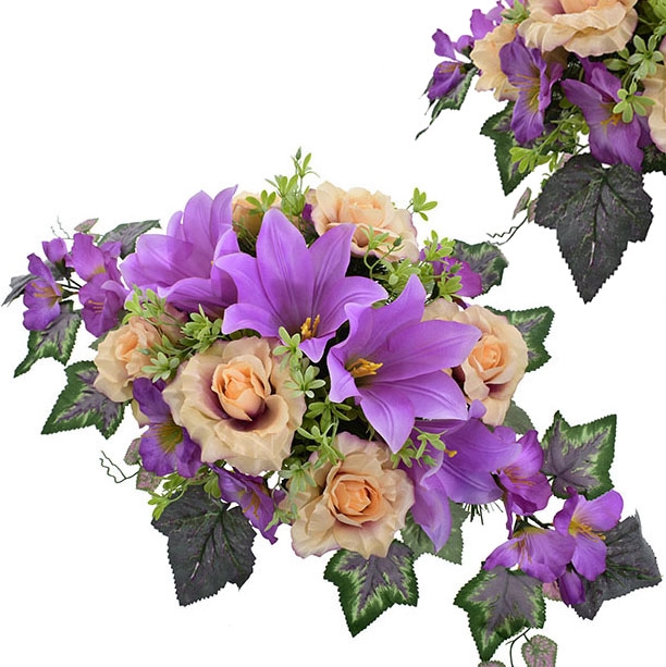 KOMPOZYCJA NAGROBNA – FIOLETOWO-BRZOSKWINIOWA ZE SZTUCZNYCH KWIATÓW - 75 CM