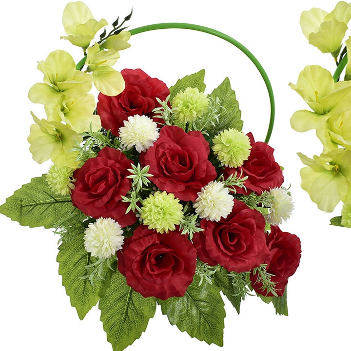 KOMPOZYCJA NAGROBNA W DONICY Z BETONOWYM OBCIĄŻENIEM – CZERWONE RÓŻE Z JASNYMI DODATKAMI