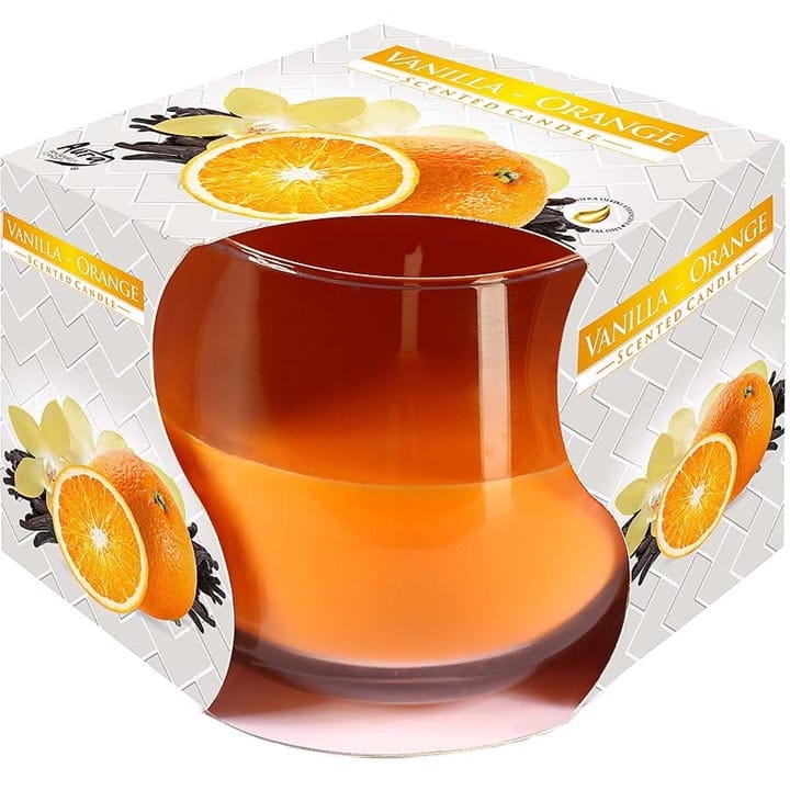 ŚWIECA ZAPACHOWA W SZKLE W KARTONIKU WANILIA-POMARAŃCZA