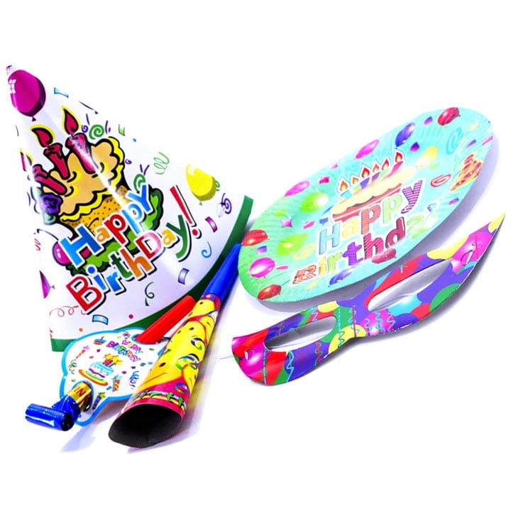 ZESTAW URODZINOWY TALERZ TRĄBKI MASKA SERWETKA