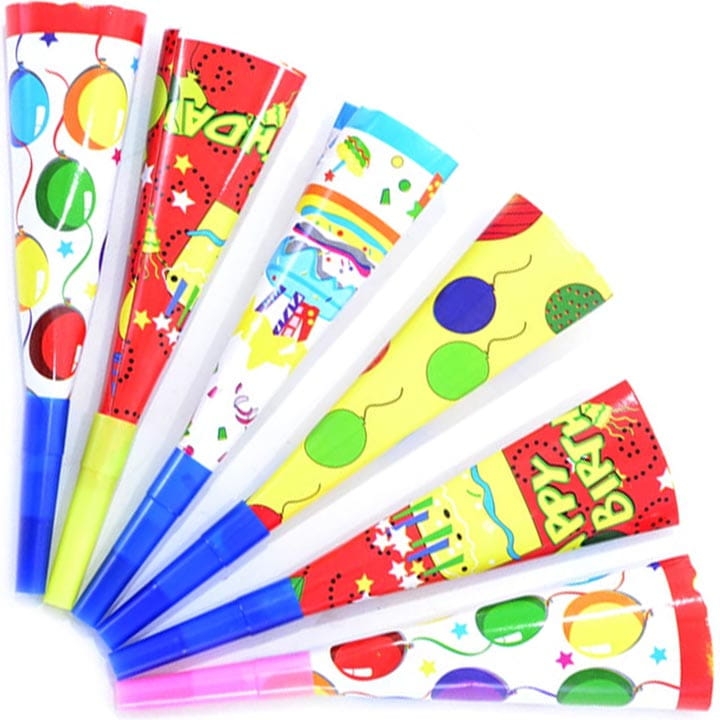 TRĄBKI URODZINOWE KOLOROWE 6 SZTUK