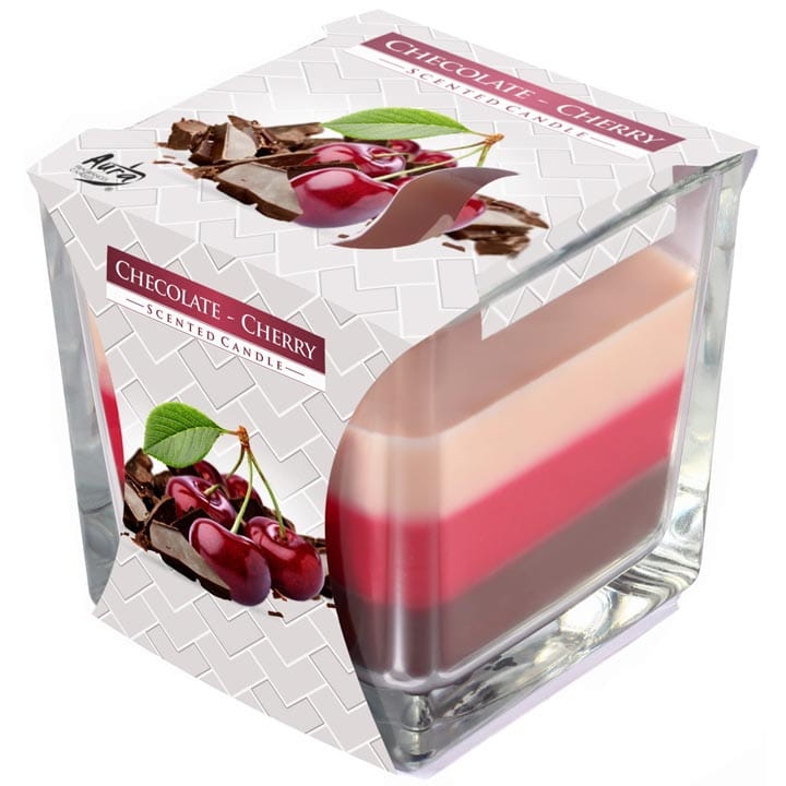 ŚWIECA ZAPACHOWA W SZKLE TRÓJKOLOR. WIŚNIA/CZEKOLADA